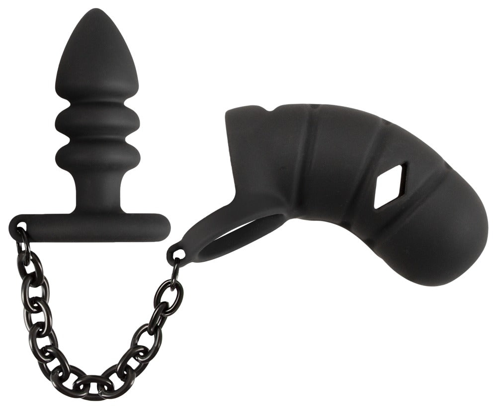 Cock Cage Black Velvets – Gabbia per Pene con Anello e Plug Anale, foto 1