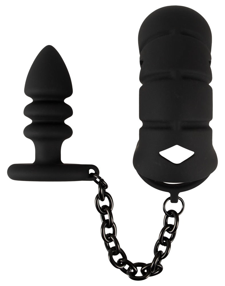 Cock Cage Black Velvets – Gabbia per Pene con Anello e Plug Anale, foto 2
