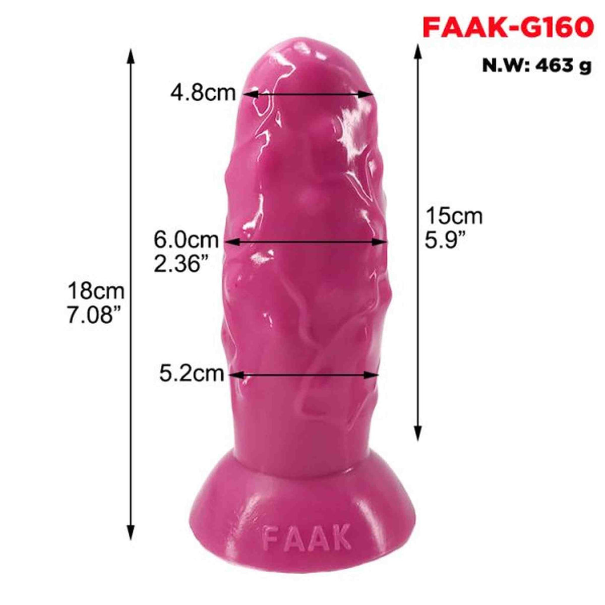 Dildo rosa FAAK-G160 in silicone con misure grafiche e peso 463g