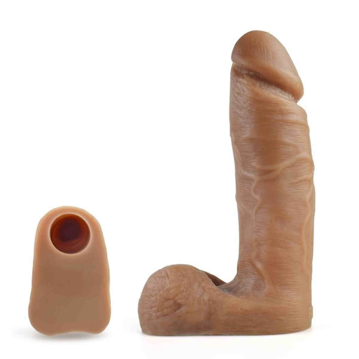 Sleeve per pene marrone chiaro verticale con base scrotale e cappuccio di chiusura