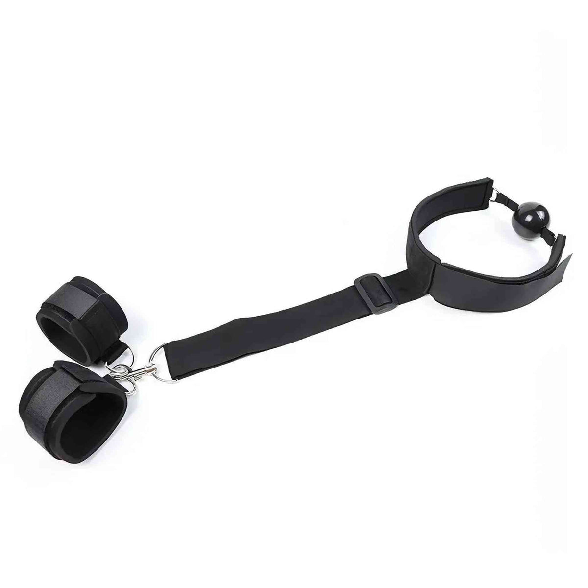 Set ball-gag nera con polsiere collegate e fibbia regolabile