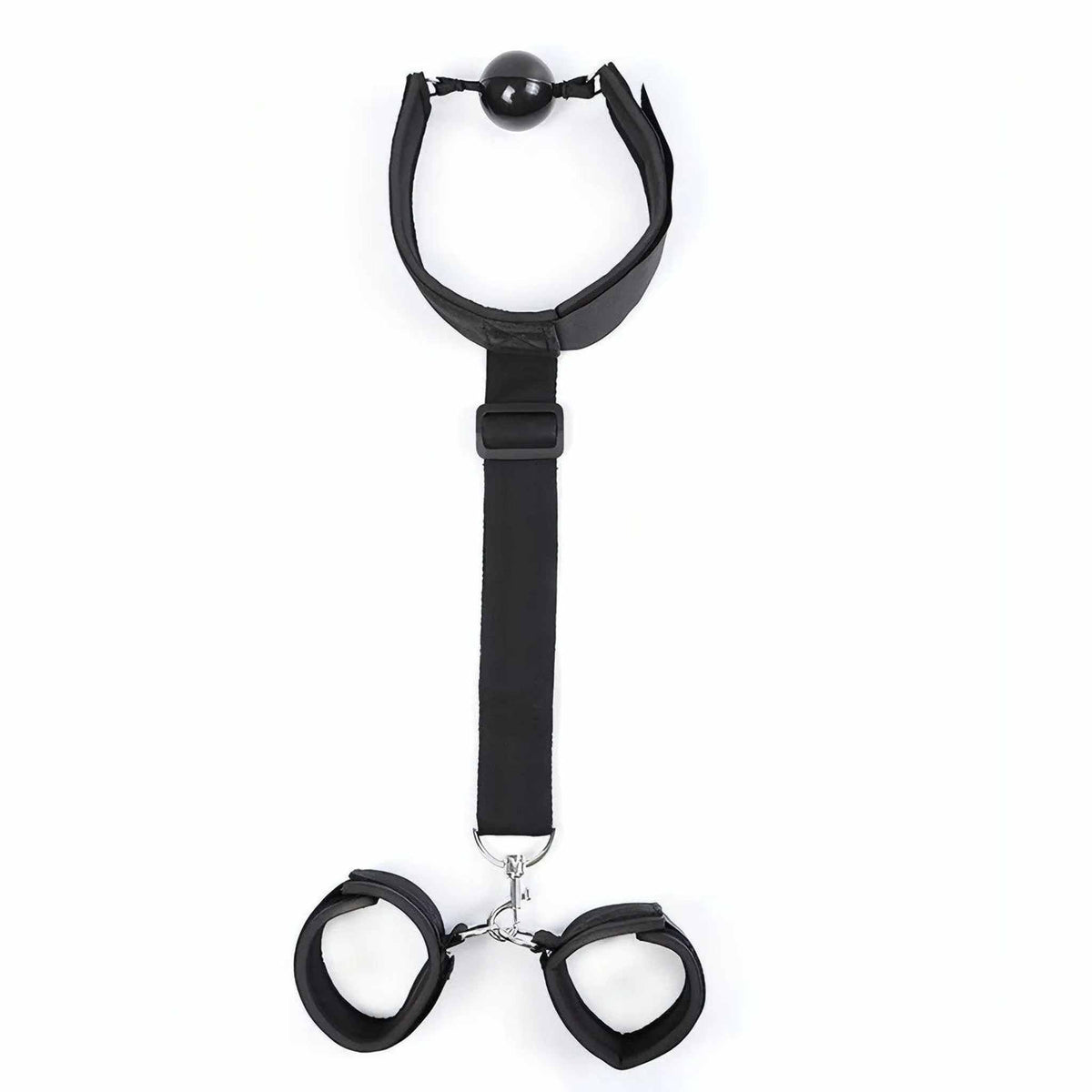 Set BDSM ball-gag nera con polsiere collegate e collare imbottito