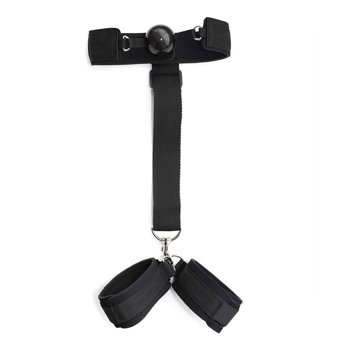 Vista laterale ball-gag nera con allineamento verticale componenti