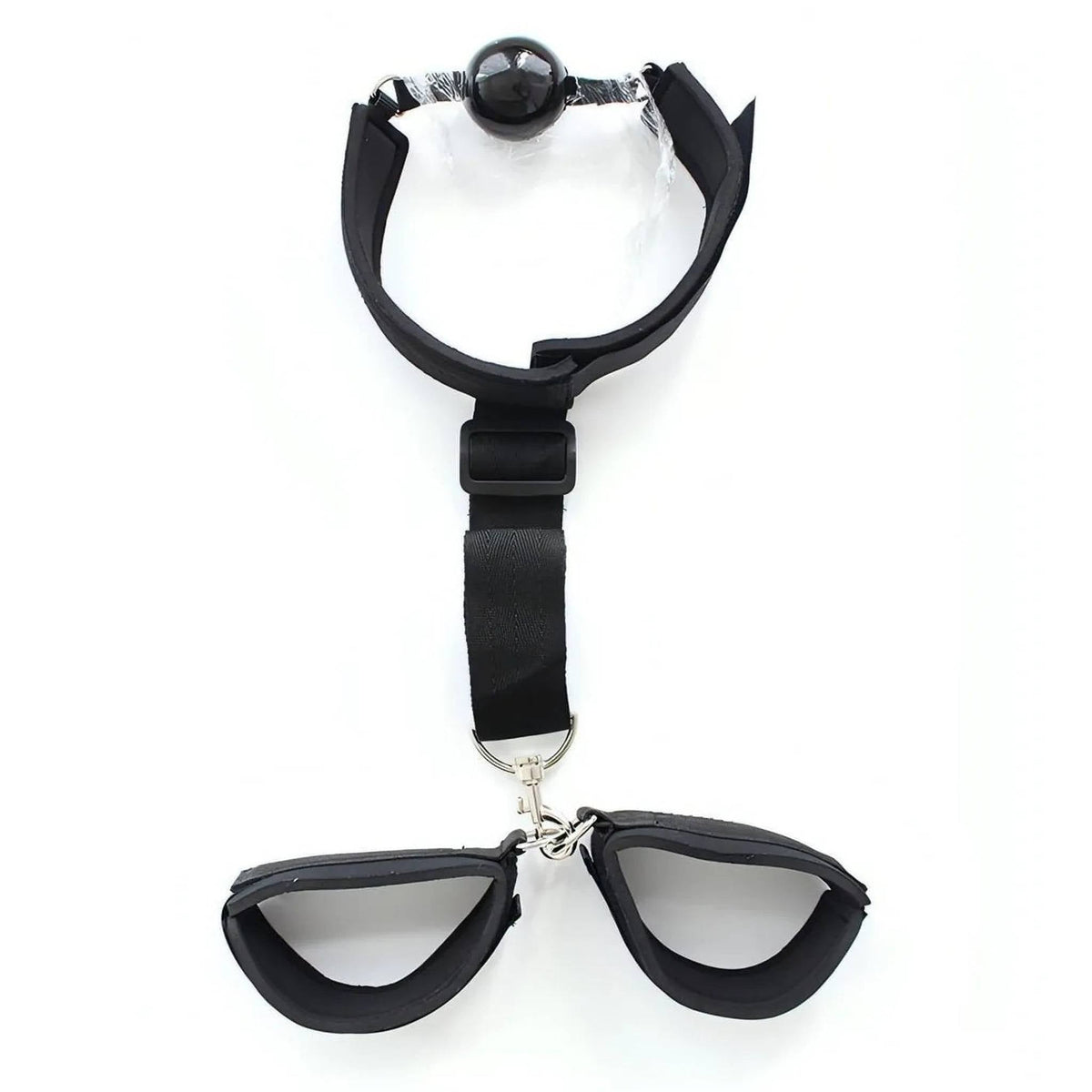 Set completo ball-gag nera con polsiere e protezione sfera