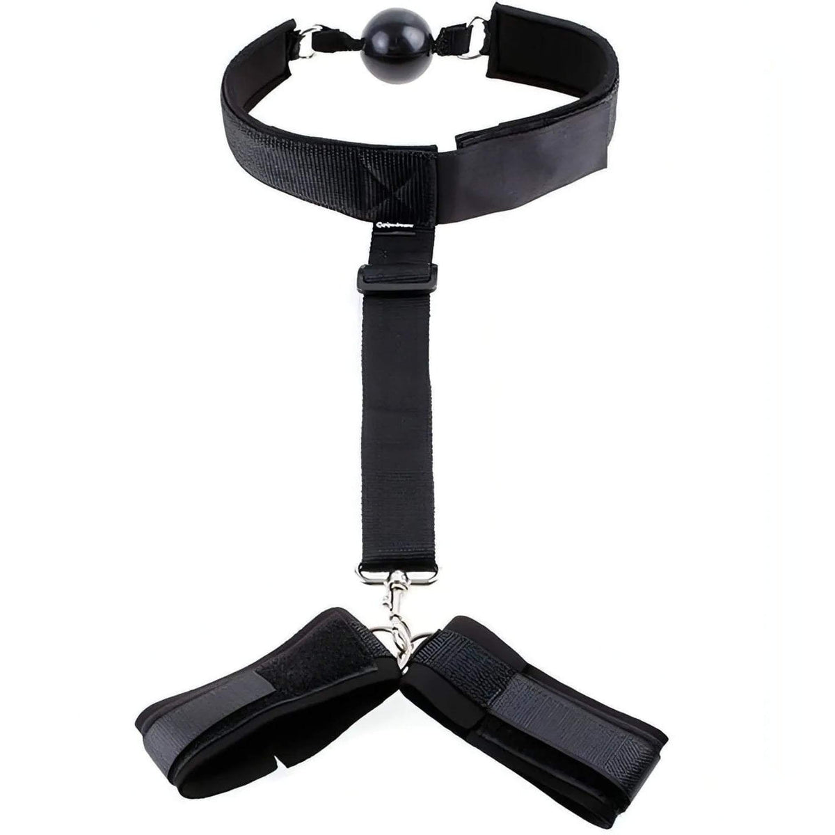 Set ball-gag nera con due polsiere collegate da cinghia centrale