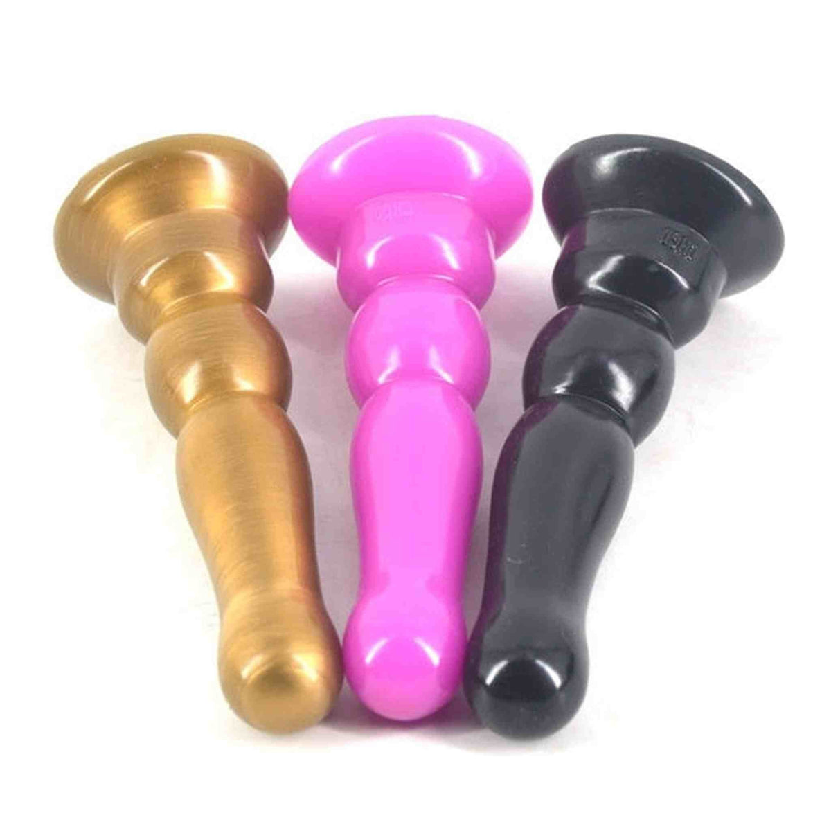 Set di 3 plug anali in silicone dorato satinato, rosa acceso e nero con sezione sferica