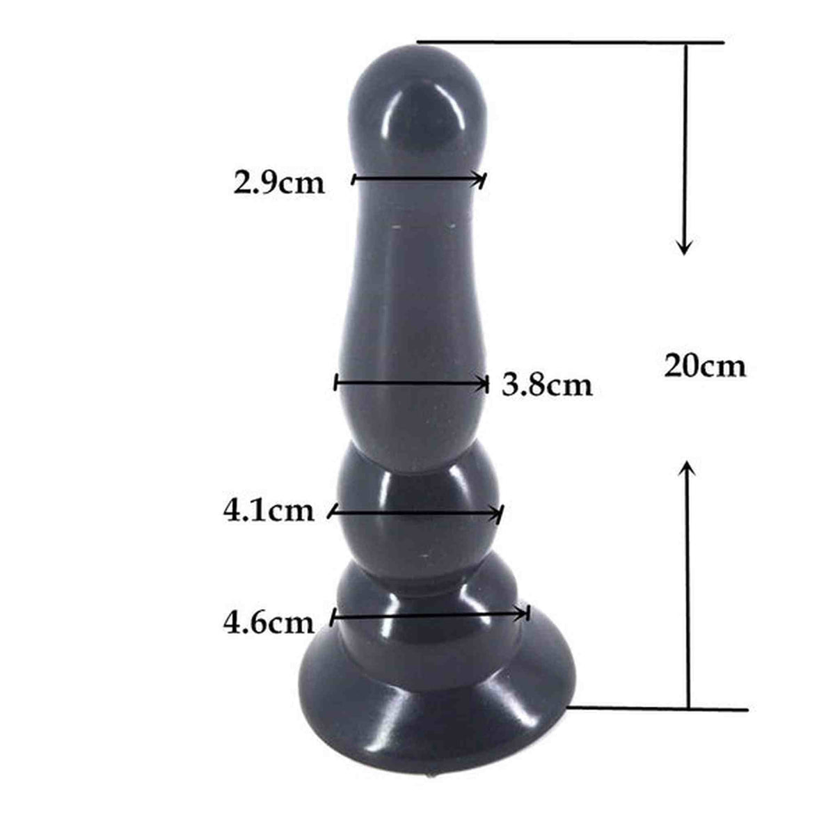 Misura plug anale nero 20 cm in silicone lucido con dettagli larghezza testa e corpo