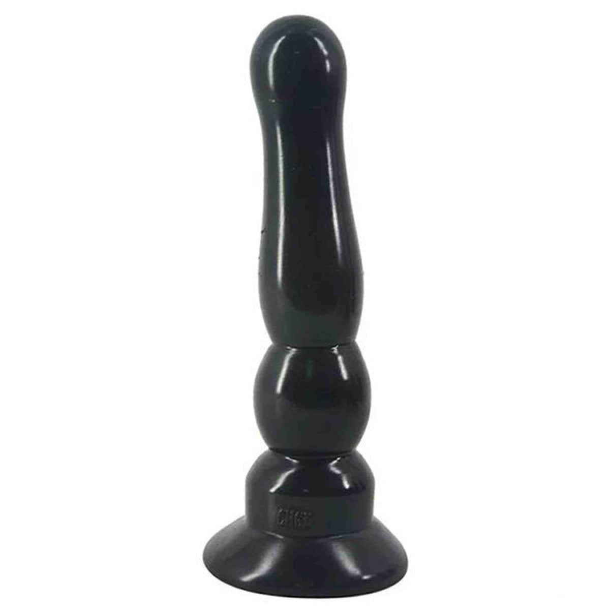 Plug anale nero in silicone lucido con base piatta e sezione centrale sferica