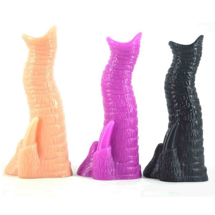 Set di 3 dildo anali a forma di proboscide elefante in silicone, colori arancione, viola e nero