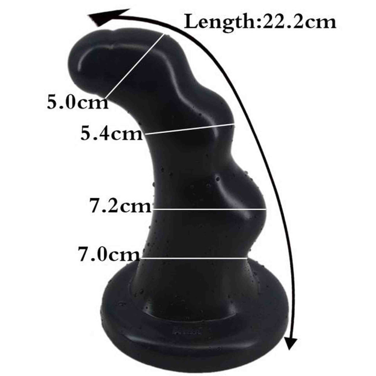 Plug anale nero con grafico misurazione lunghezza totale 22.2 cm e curve definite
