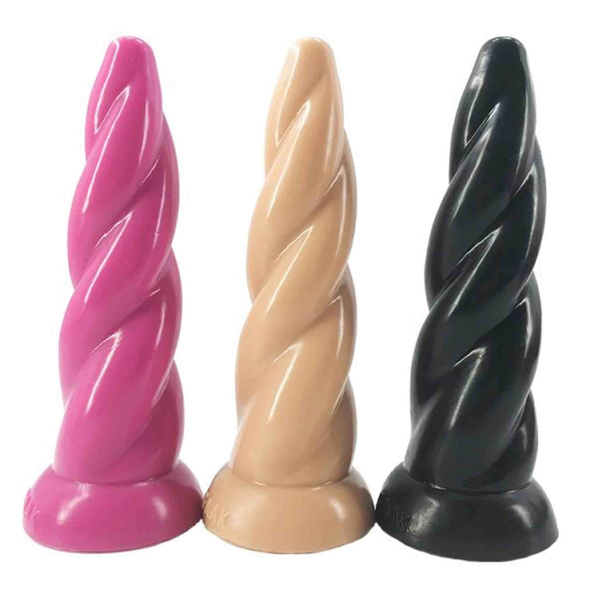 Collezione completa dildo a spirale in rosa, beige e nero con finitura lucida marchio FAAK