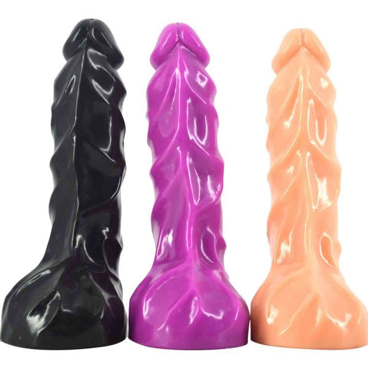 Set di 3 dildo da 24 cm in silicone nero, viola e arancione con superficie ondulata