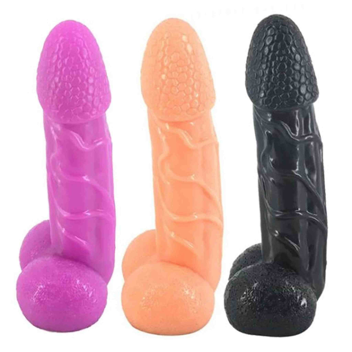 Set tre plug anali Magmara viola, rosa salmone e nero con testicoli