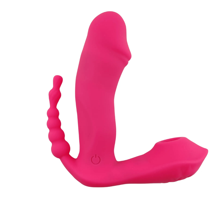 Vista frontale vibratore rosa L-shaped con base piatta e pulsante