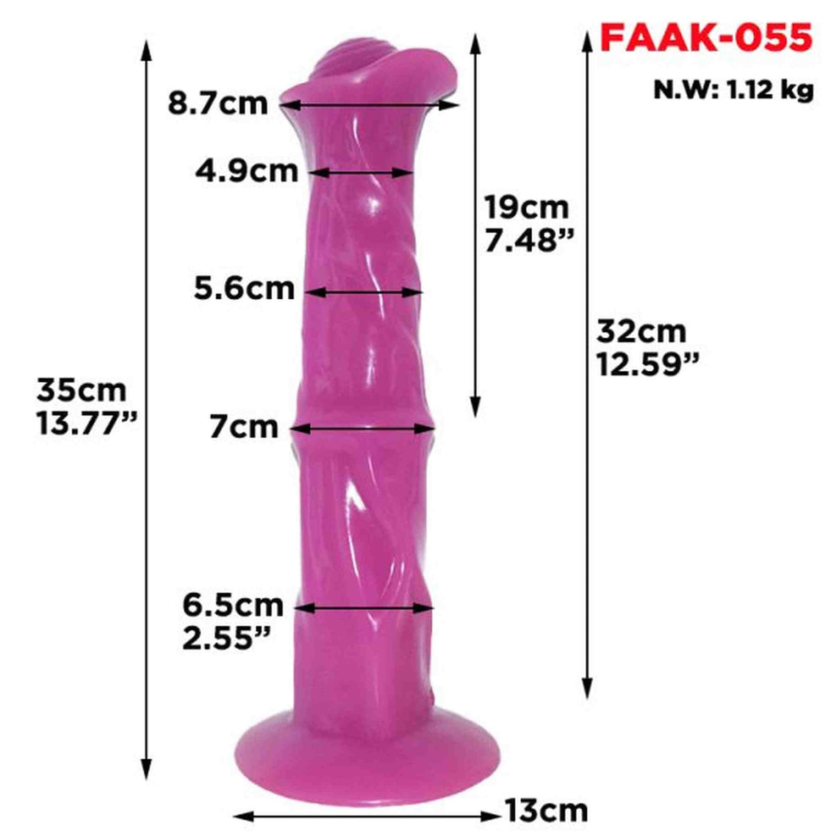 Dildo rosa acceso 36cm Magmara con etichetta FAAK-055 e misure tecniche