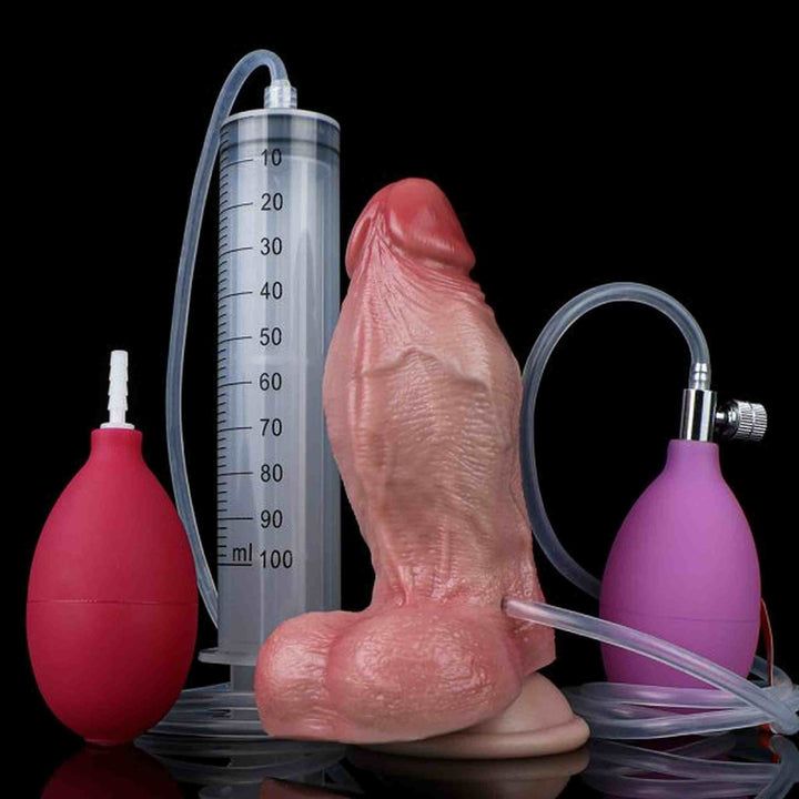 Dildo gonfiabile con due pompe colorate rossa e viola e contagocce accanto