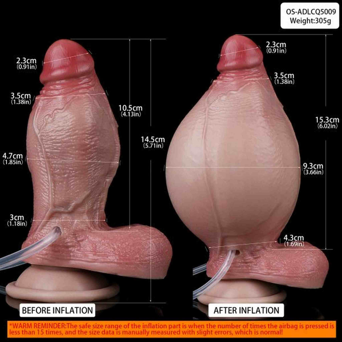 Confronto dimensioni dildo gonfiabile prima e dopo l'inflazione con etichetta codice