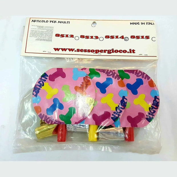 Confezione 6 trombette feste colorate con simboli auguri e etichetta adulto