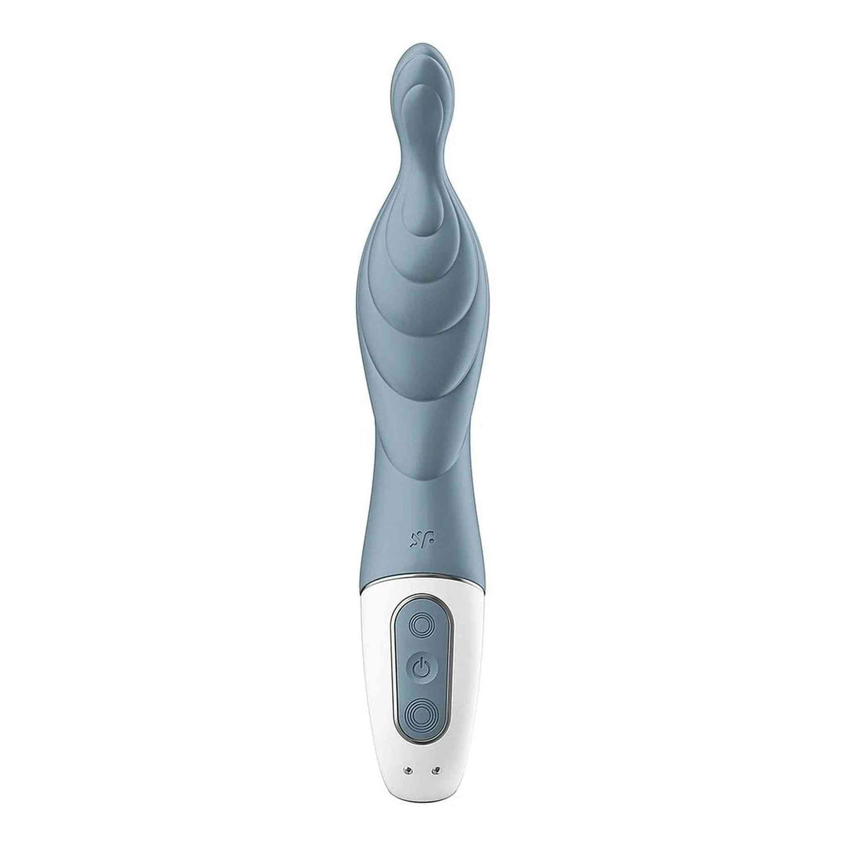Vibratore punto A grigio chiaro frontale con pulsanti controllo e logo SF inciso