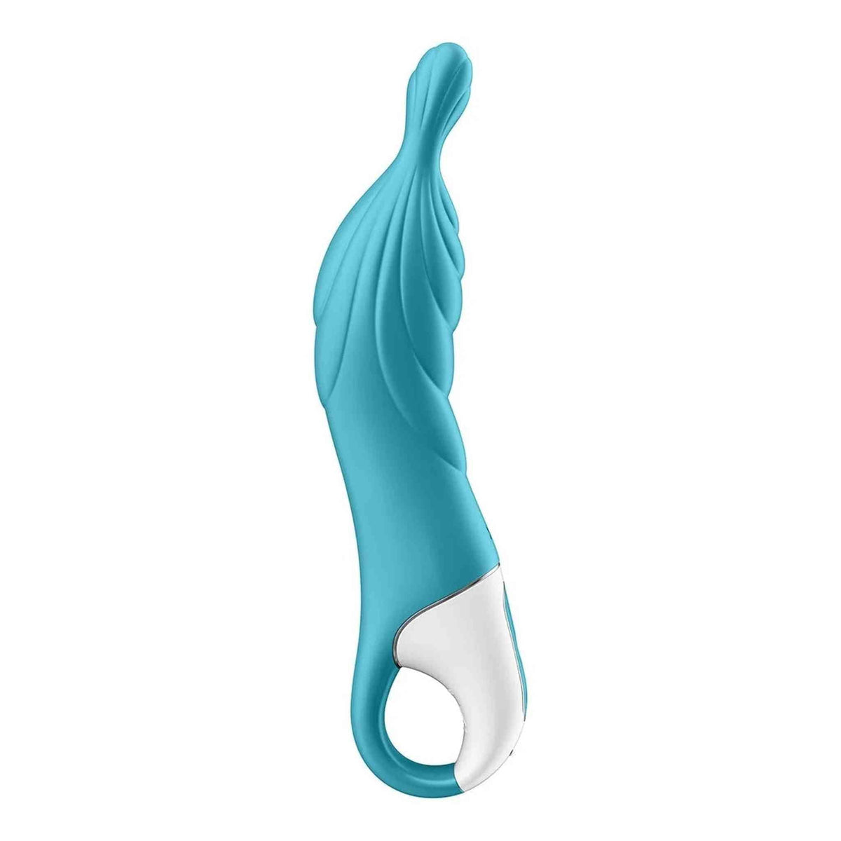 Vibratore punto A turchese vista laterale con superficie scanalata e anello presa