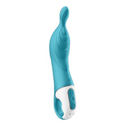 Vibratore punto A turchese con pulsanti di controllo e logo SF sul corpo