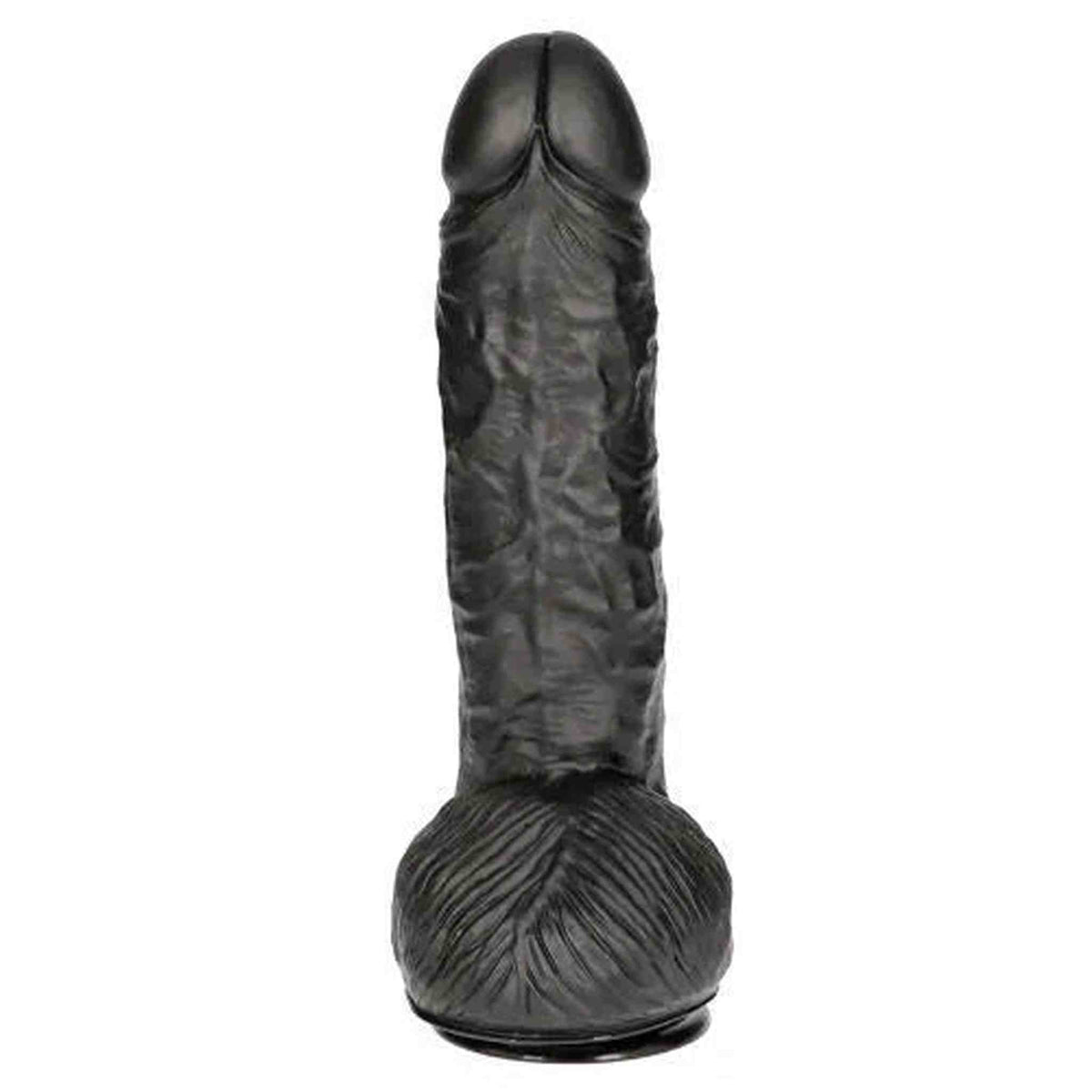 Dildo nero 25 cm vista frontale con testa doppia apertura e scroto modellato