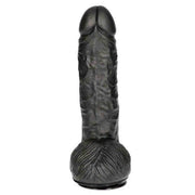 Dildo nero 25 cm vista frontale con testa doppia apertura e scroto modellato