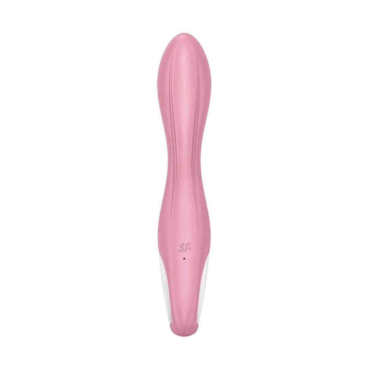 Vibratore a pompa d'aria Satisfyer rosa chiaro forma curva vista frontale su sfondo bianco