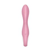 Vibratore a pompa d'aria Satisfyer rosa chiaro forma curva vista frontale su sfondo bianco