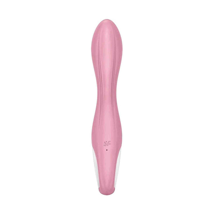 Vibratore a pompa d'aria Satisfyer rosa chiaro forma curva vista frontale su sfondo bianco