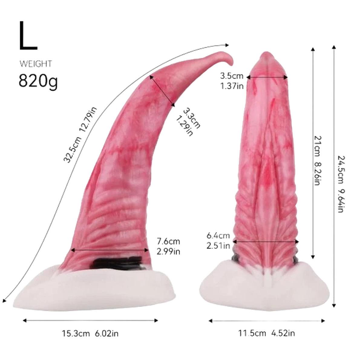 Dildo silicone rosa taglia L con base bianca e punta curva