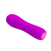 Vibratore viola in silicone Allen vista laterale con simboli di conformità CE