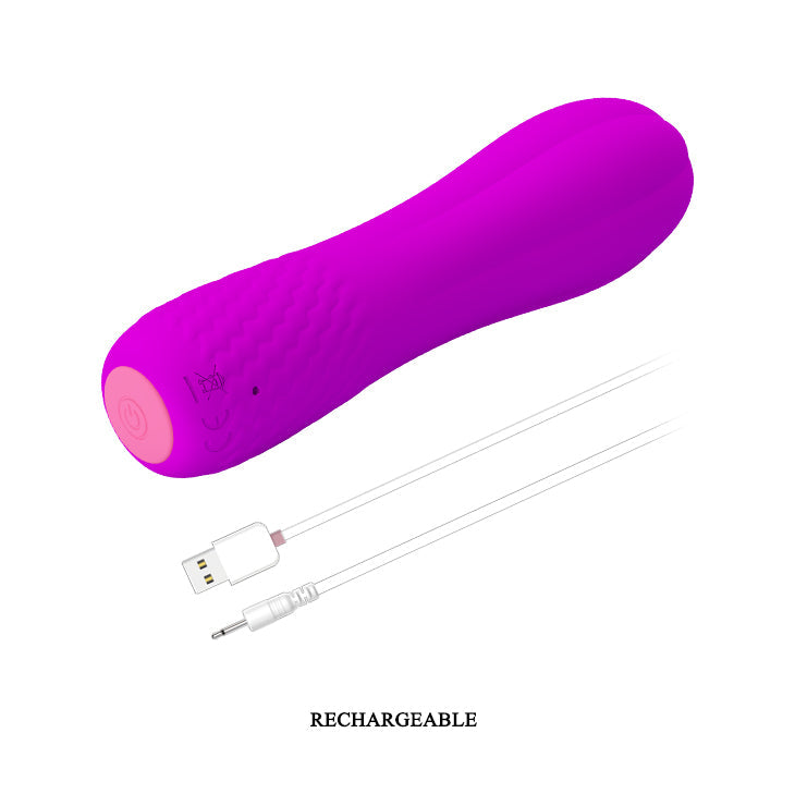 Vibratore viola in silicone Allen acceso con cavo USB e tasto accensione rosa