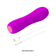 Vibratore viola in silicone Allen acceso con cavo USB e tasto accensione rosa