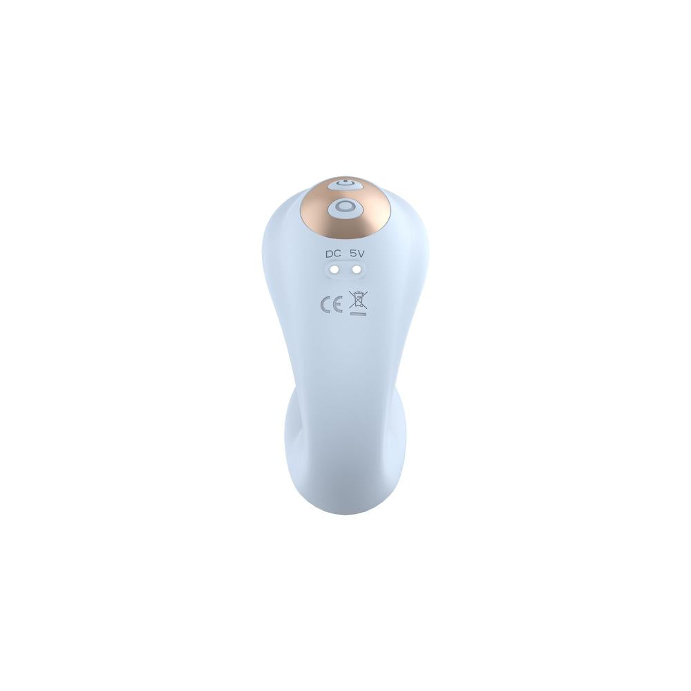 Vibratore a forma di C bianco opaco con dettagli oro rosa, vista posteriore con pulsanti e simboli tecnici