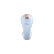 Vibratore a forma di C bianco opaco con dettagli oro rosa, vista posteriore con pulsanti e simboli tecnici
