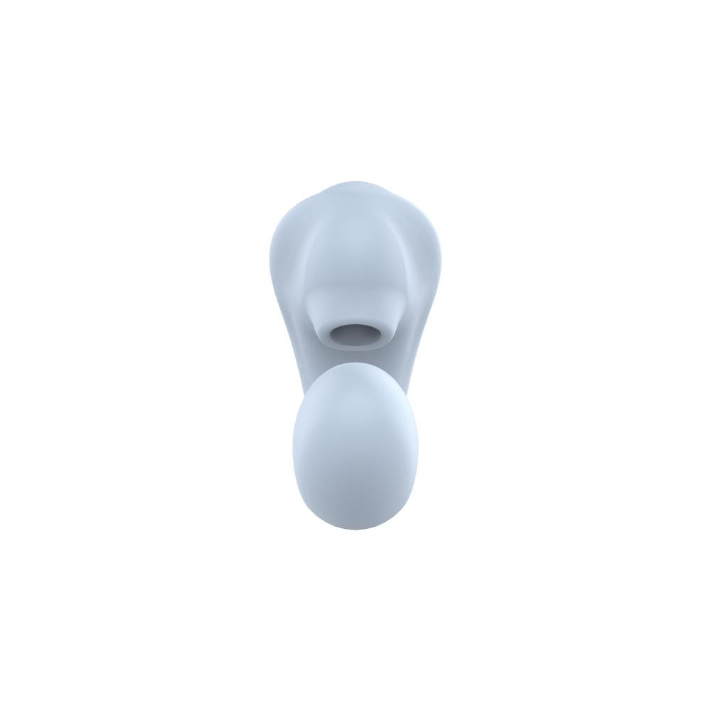 Vibratore azzurro chiaro in silicone opaco con apertura centrale circolare e sfera rotonda