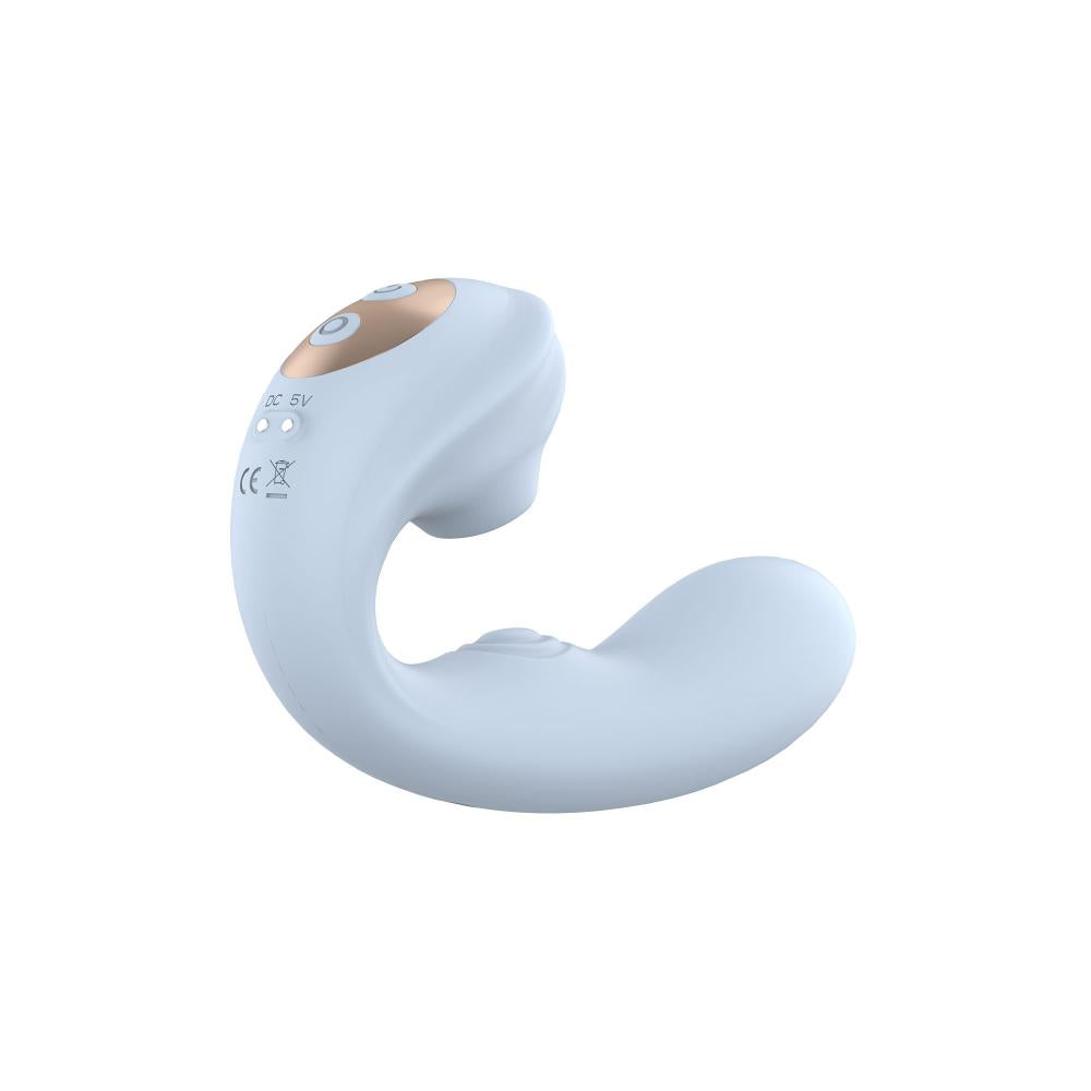 Vibratore a forma di C bianco opaco ergonomico, vista angolata con indicatori luminosi e base ampia