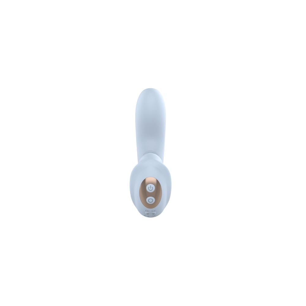 Vista frontale inferiore vibratore C bianco opaco con pulsanti accensione e modalità in oro rosa
