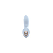 Vista frontale inferiore vibratore C bianco opaco con pulsanti accensione e modalità in oro rosa