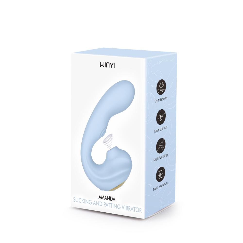 Scatola prodotto WINYI Amanda vibratore succhiatore e battente in silicone morbido blu chiaro