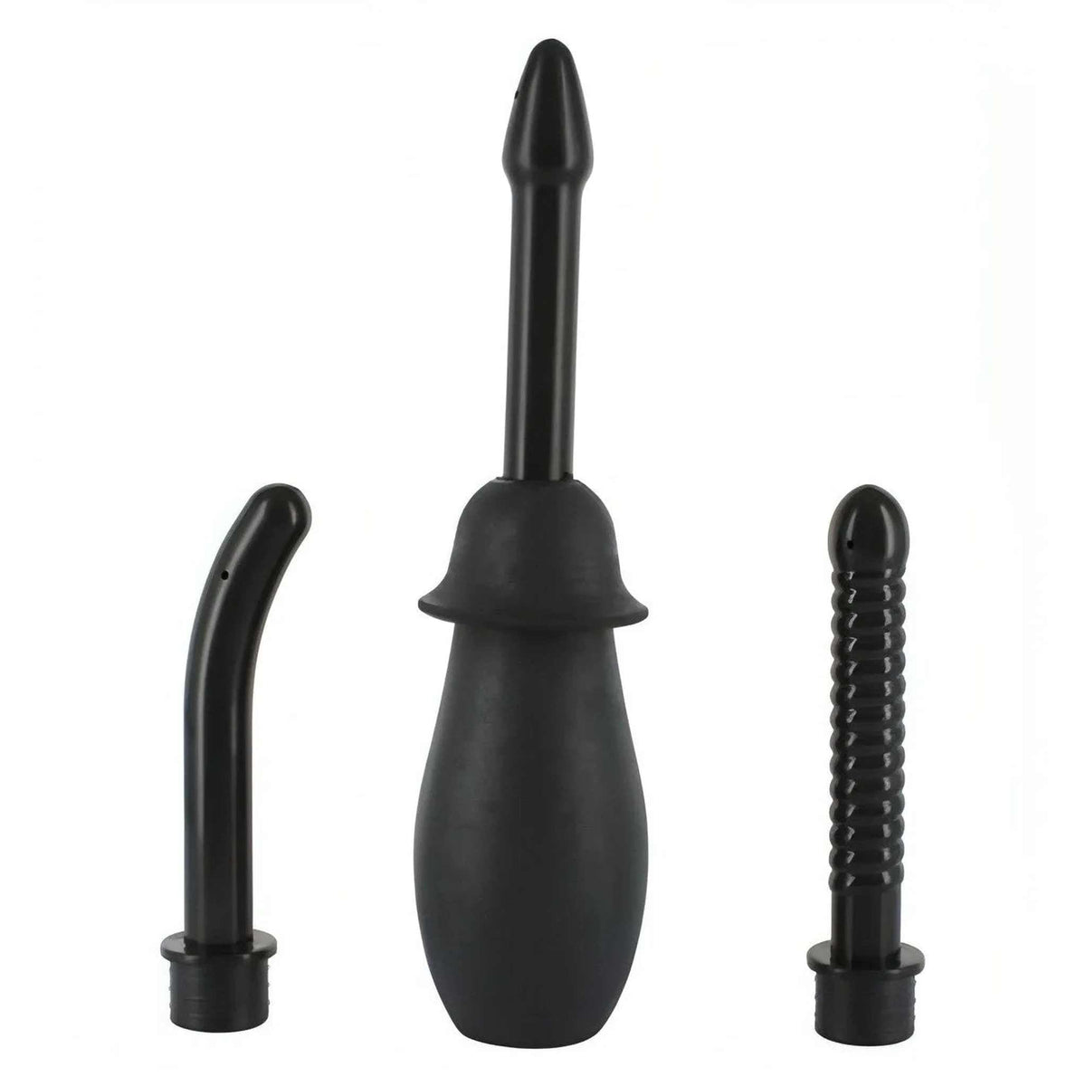 Kit doccia anale nero 3 pezzi con pompa a mano e accessori flessibili