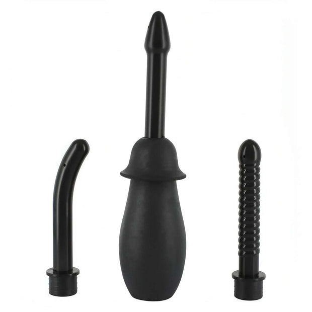 Kit doccia anale nero 3 pezzi con pompa a mano e accessori flessibili