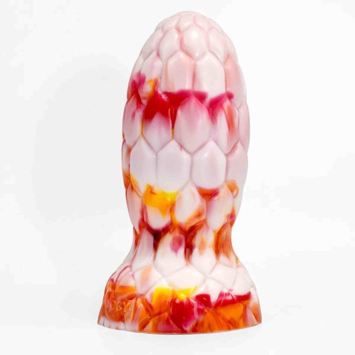 Dildo bianco con striature rosse e arancioni texture scaglie esagonali
