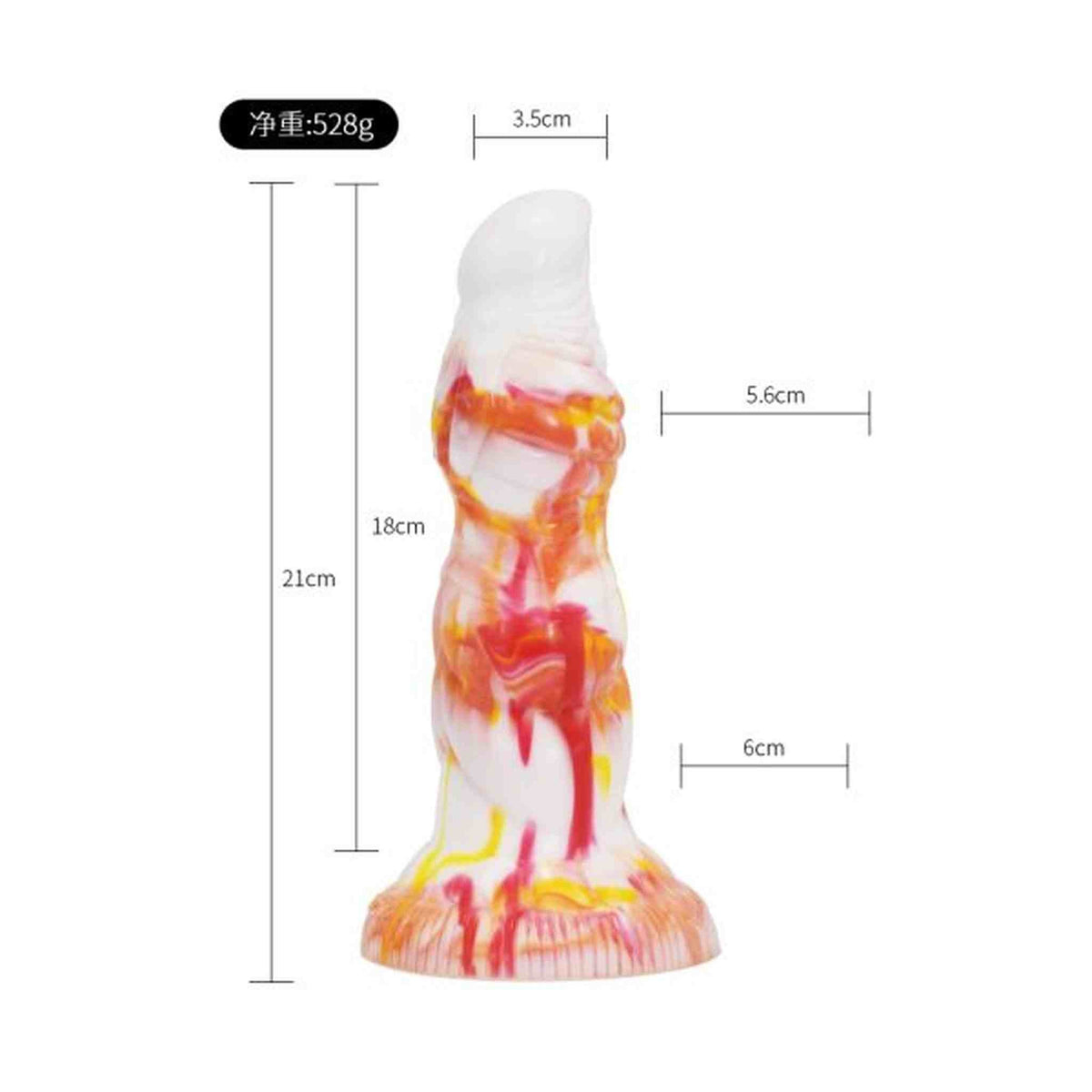 Dildo HaeChi multicolore con etichetta peso e misure dettagliate