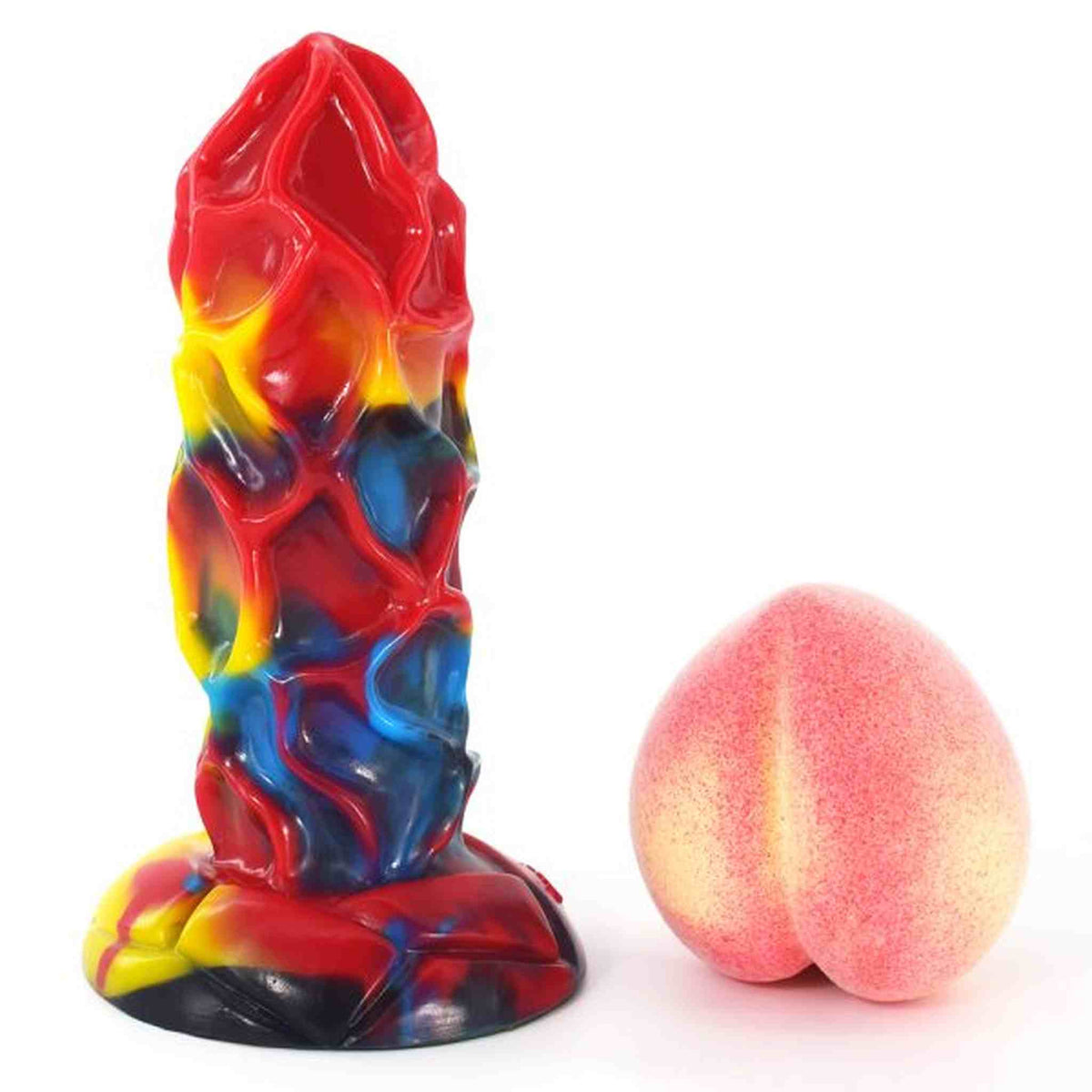 Dildo multicolore YOCY rosso giallo blu nero effetto marmorizzato confronto dimensioni pesca