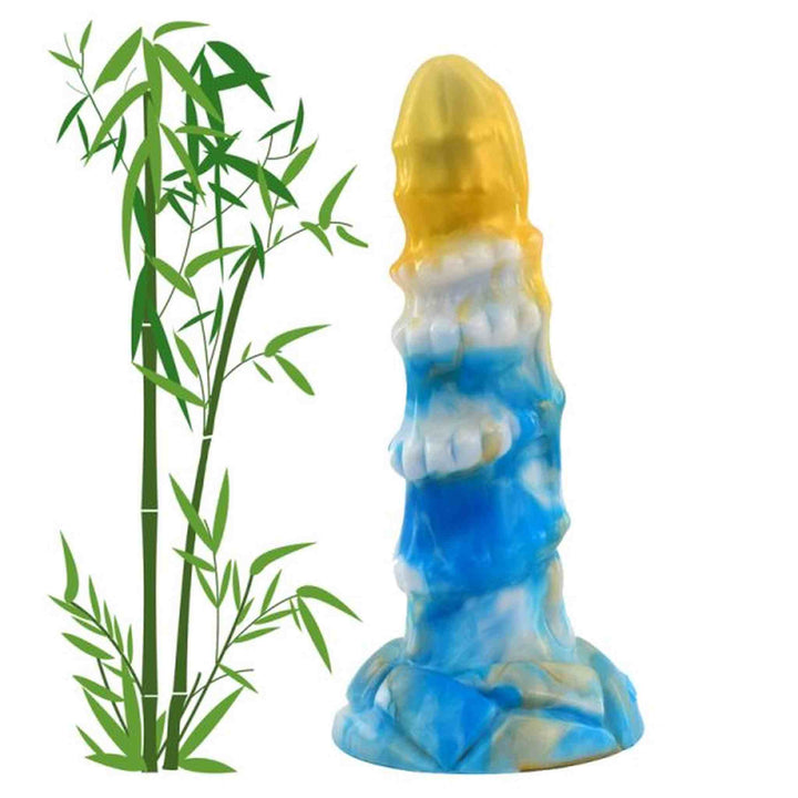 Statuetta mostro mitologico bianco strati blu giallo finitura lucida con bambù