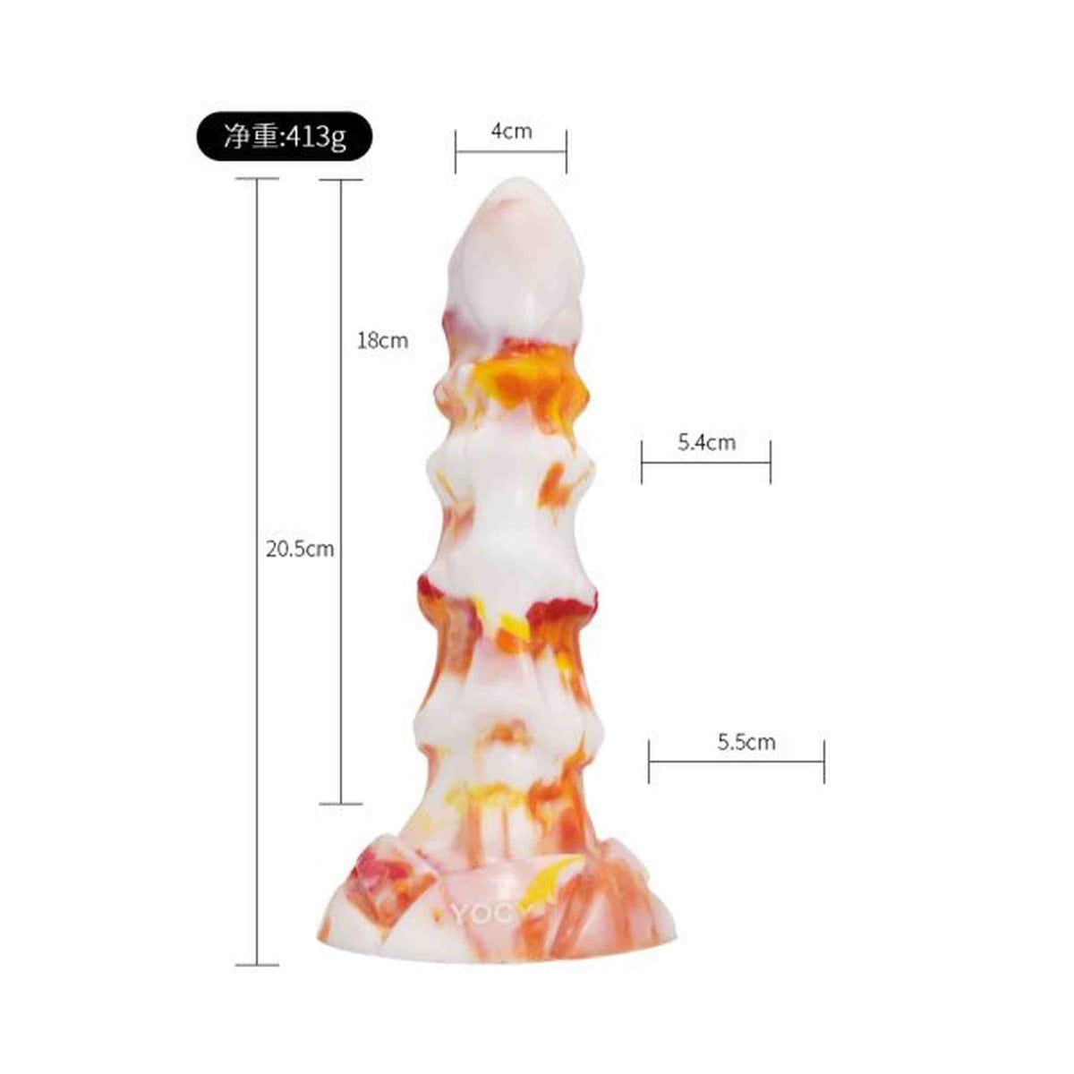 Dildo fantasy bianco macchie arancioni rosse con misure e peso 413g marchio YOC