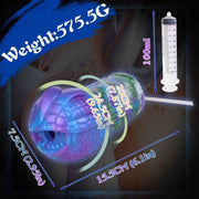 Masturbatore Ankylosaurus silicone liquido con siringa da 100ml e specifiche dimensioni su sfondo scuro