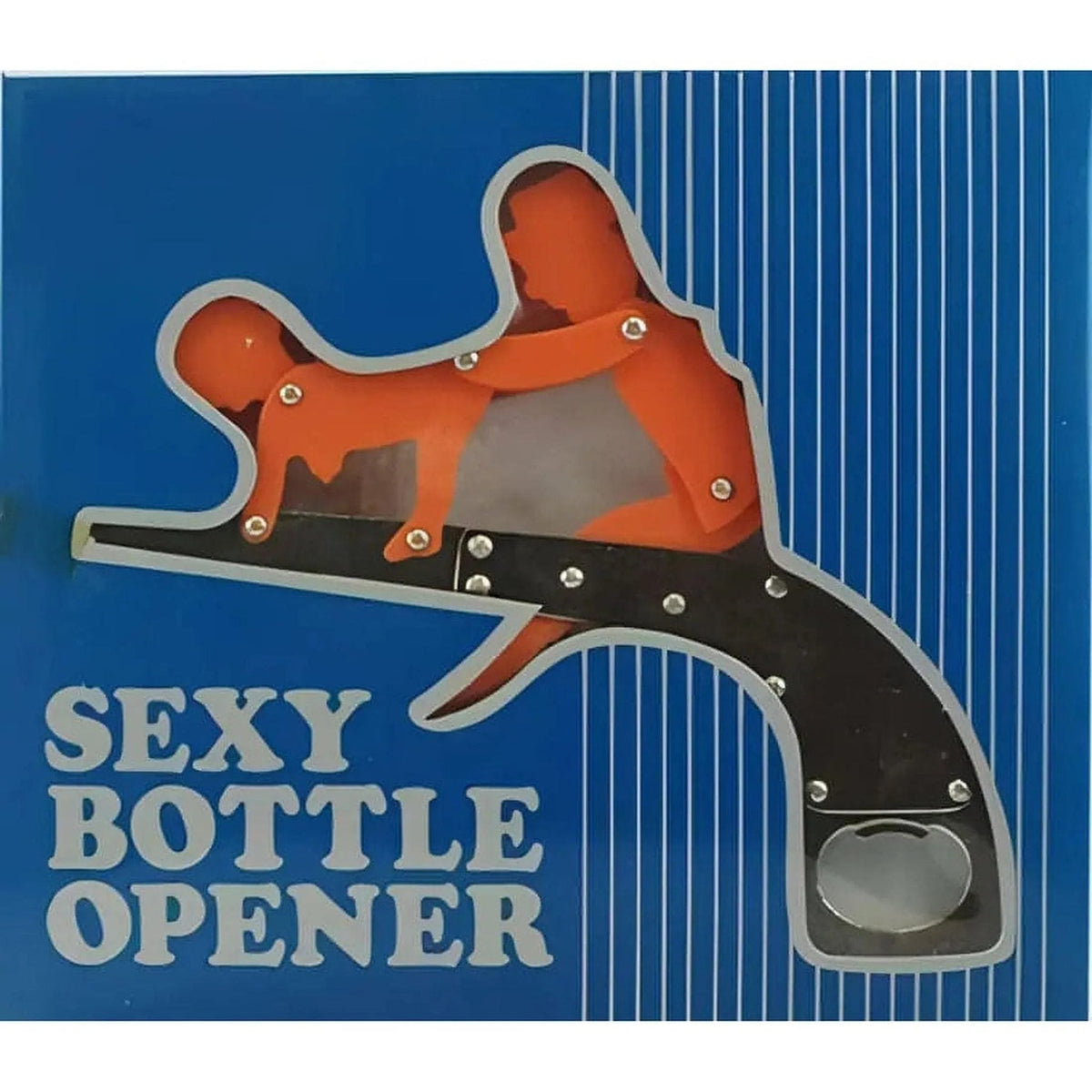 Apribottiglie a forma di pistola con figura arancione, confezione blu Sexy Bottle Opener